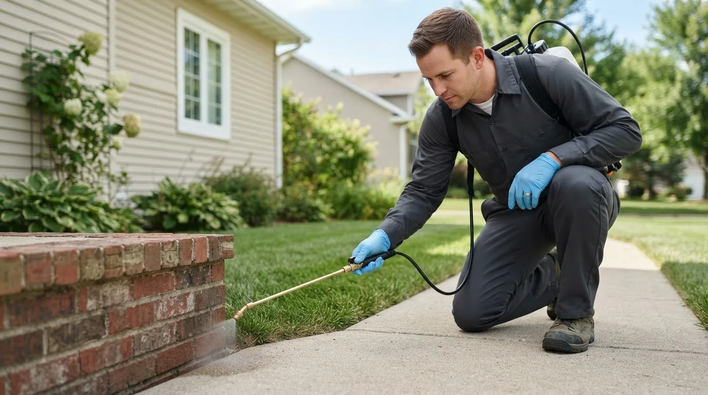 Pest control technician treating a home near Schnellville, IN