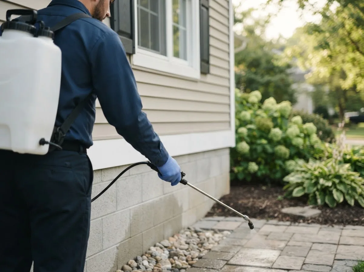 Pest control technician inspecting a home in Schnellville, IN